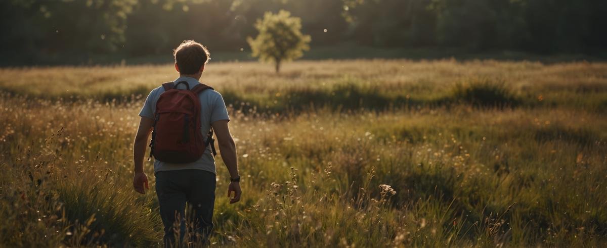 man-walks-through-field-with-backpack-that-says-no-one-wants-be-backpacker